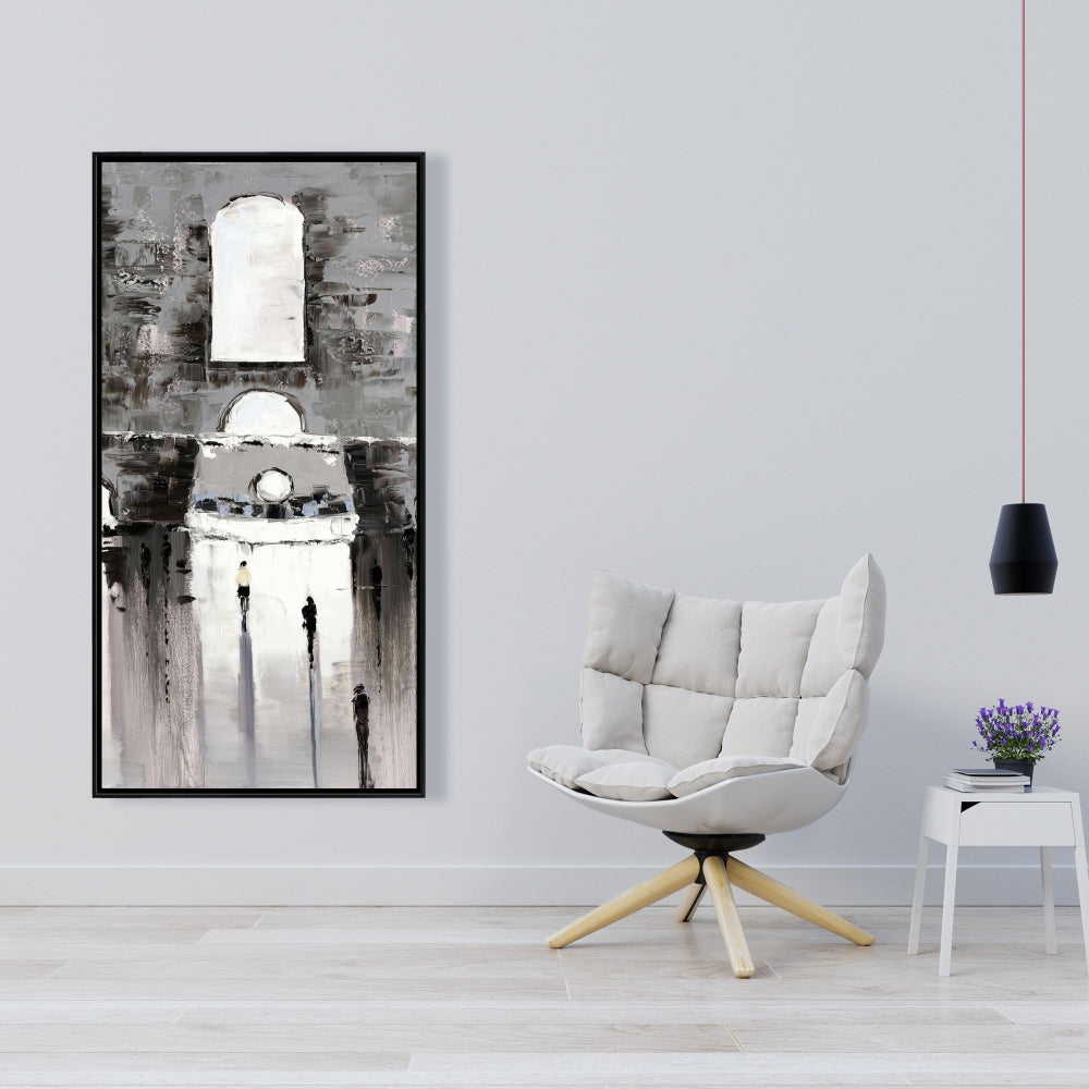 Toile de paysage de rue dans une chambre grise – Bâtiment gris et passants