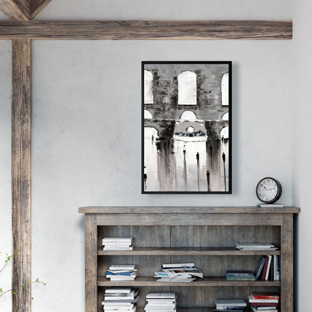 Toile de paysage de rue dans une chambre grise – Bâtiment gris et passants