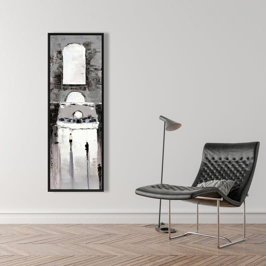 Toile de paysage de rue dans une chambre grise – Bâtiment gris et passants