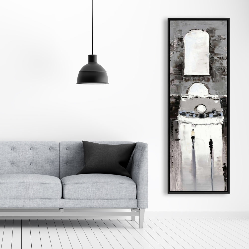 Toile de paysage de rue dans une chambre grise – Bâtiment gris et passants