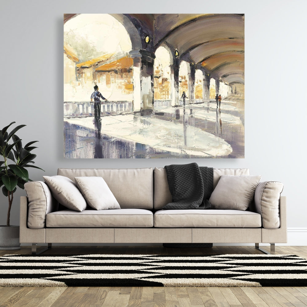 Blue Street Scenery Canvas - People in a Spacious Hall Decor