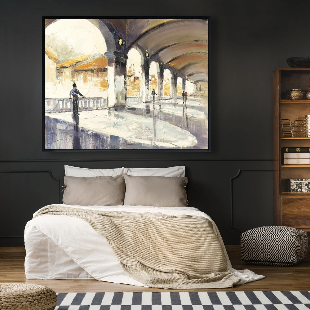 Toile contemporaine pour chambre bleue | Des personnes dans un hall spacieux