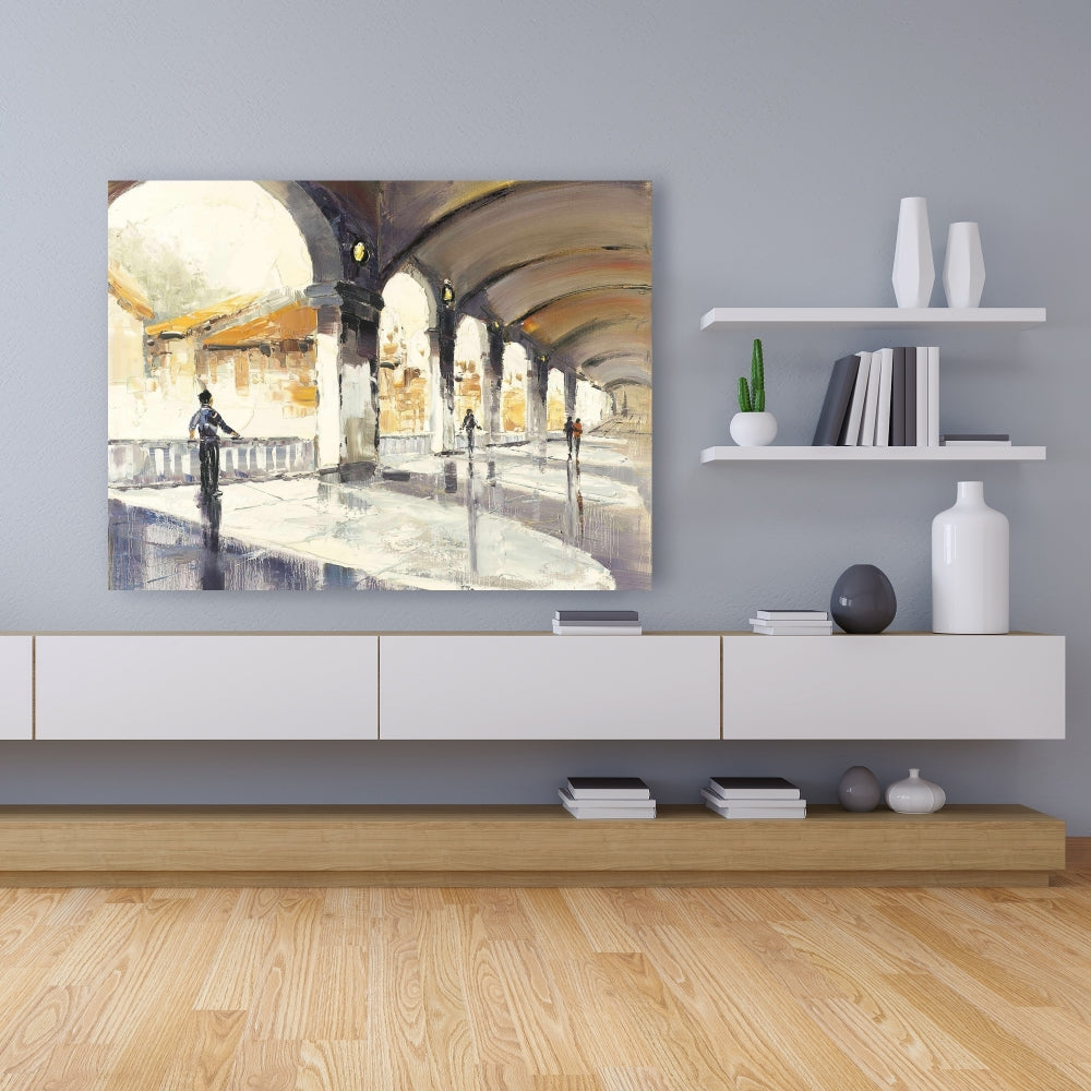 Blue Street Scenery Canvas - People in a Spacious Hall Decor