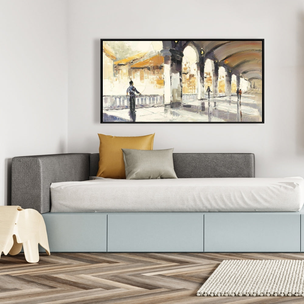Toile contemporaine pour chambre bleue | Des personnes dans un hall spacieux