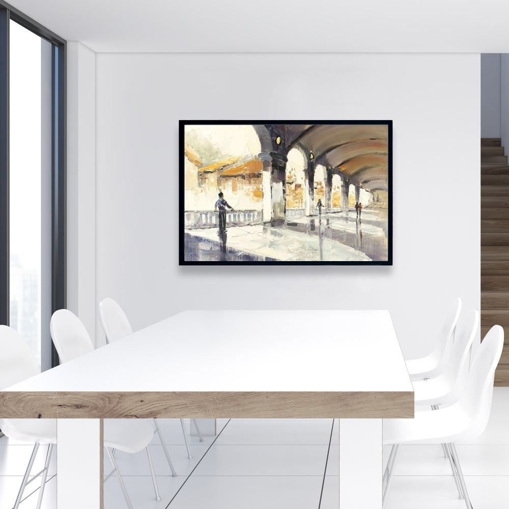 Toile contemporaine pour chambre bleue | Des personnes dans un hall spacieux