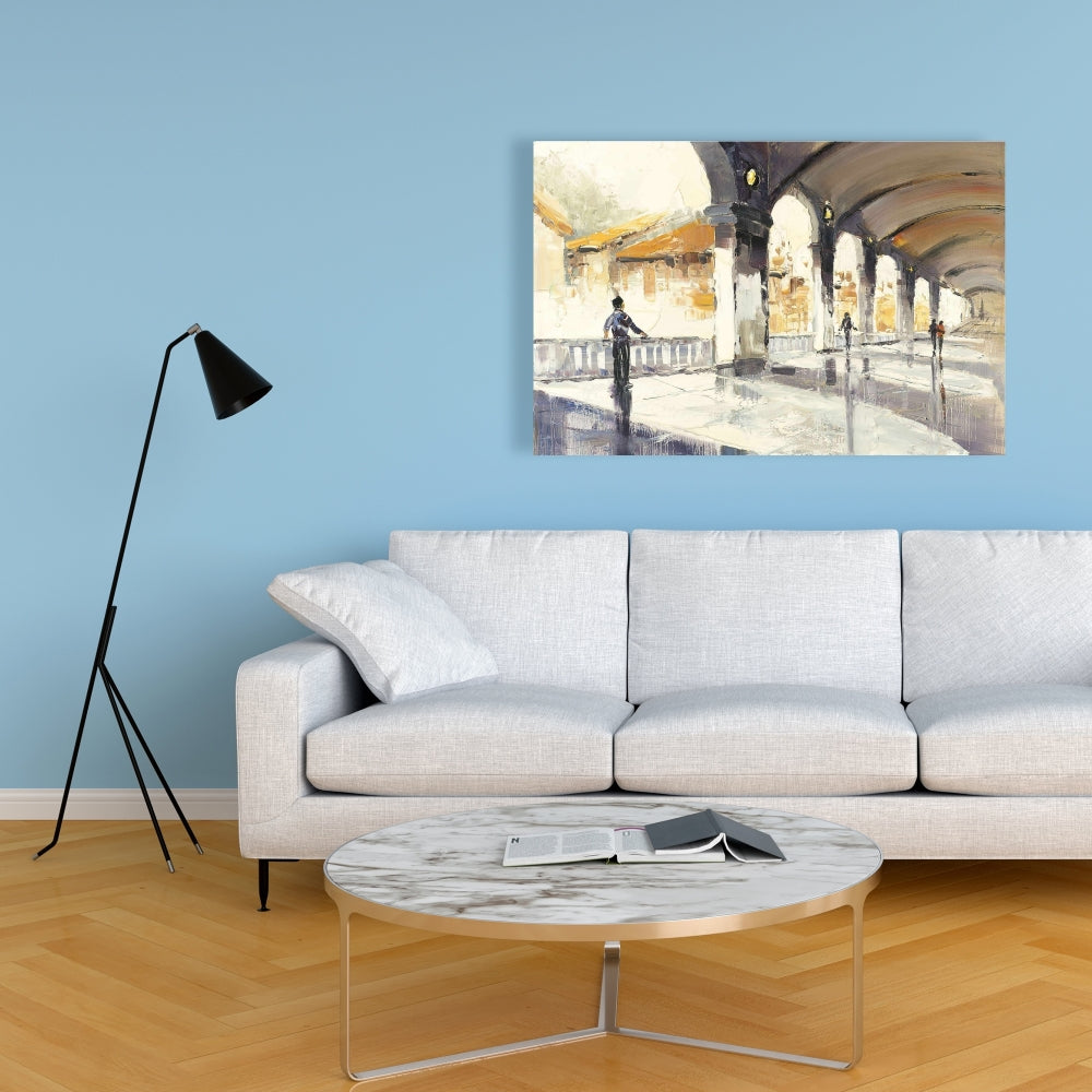 Blue Street Scenery Canvas - People in a Spacious Hall Decor