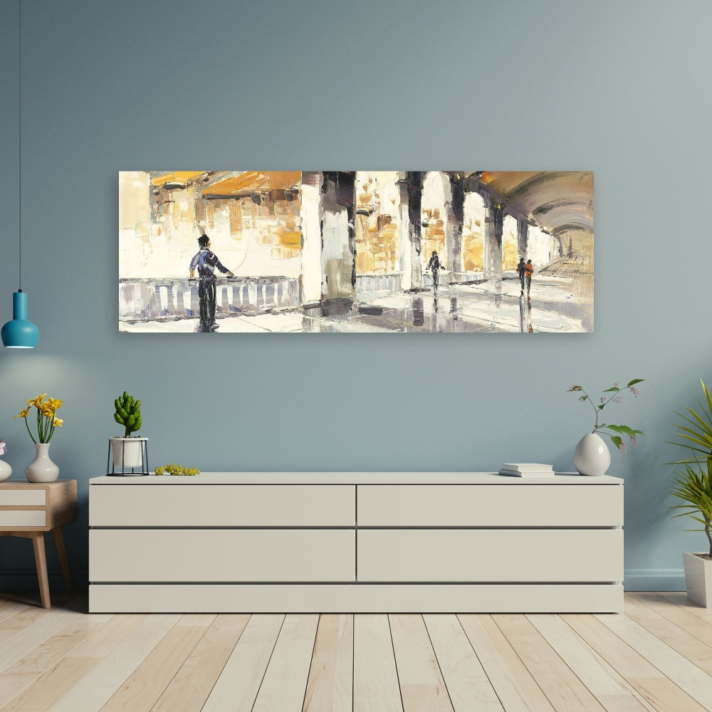 Blue Street Scenery Canvas - People in a Spacious Hall Decor