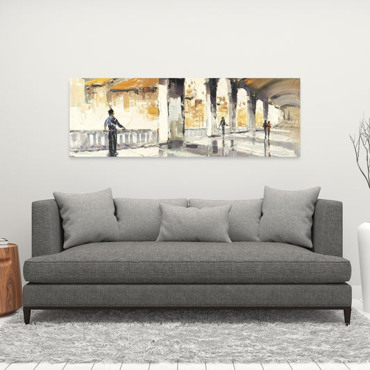Blue Street Scenery Canvas - People in a Spacious Hall Decor