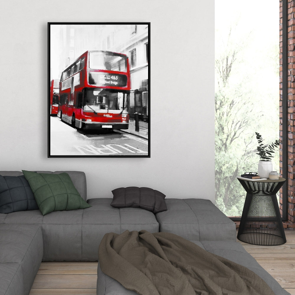 Modern White Cities Framed Canvas - Red Bus Londoner Decor