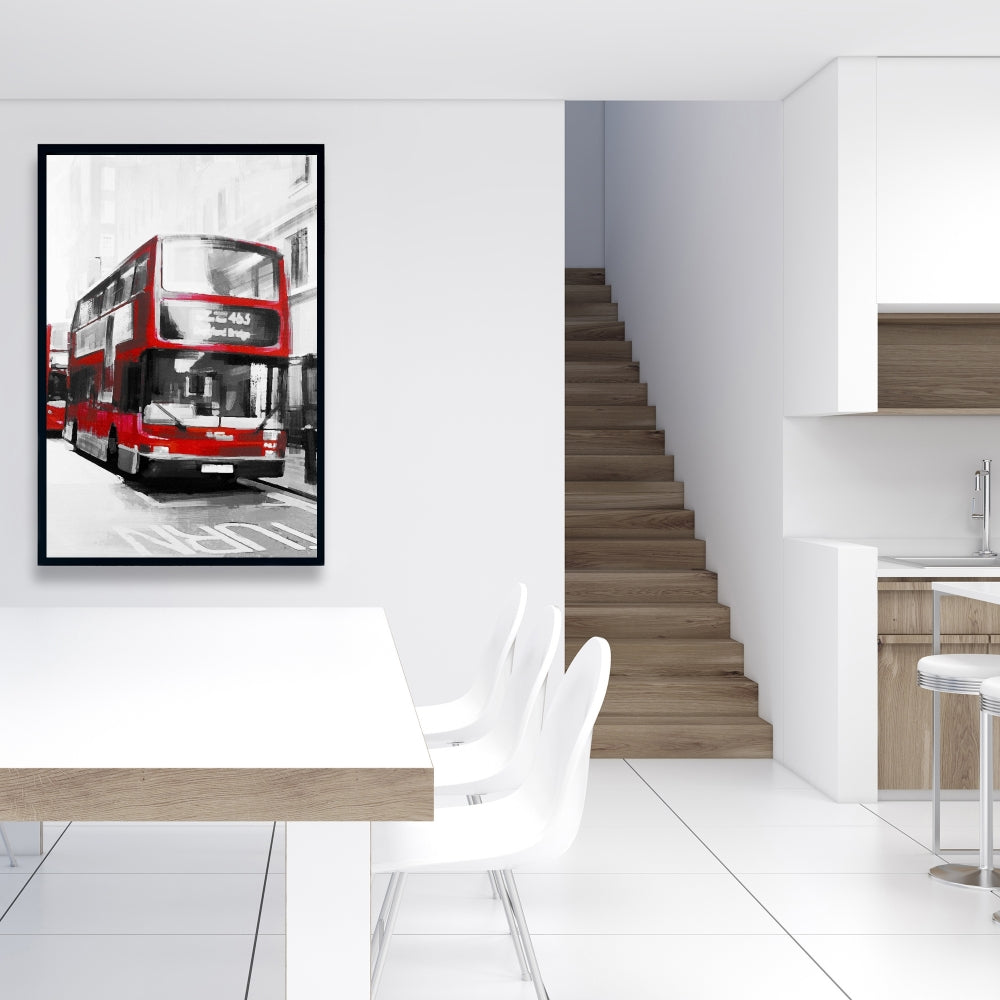 Modern White Cities Framed Canvas - Red Bus Londoner Decor