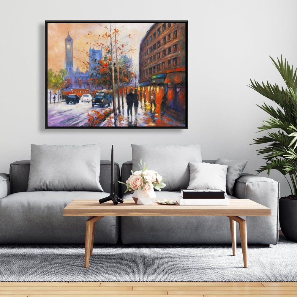 Toile pour chambre à coucher « Ville près des arbres d'automne » | Décoration d'intérieur contemporaine