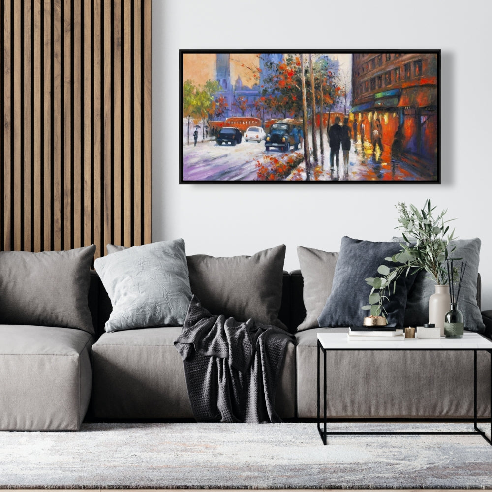 Toile pour chambre à coucher « Ville près des arbres d'automne » | Décoration d'intérieur contemporaine
