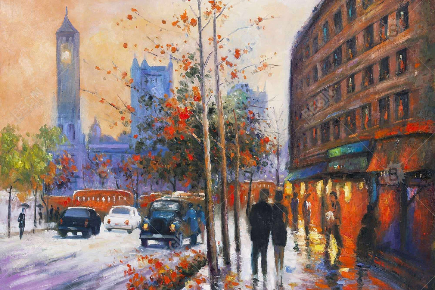 Toile pour chambre à coucher « Ville près des arbres d'automne » | Décoration d'intérieur contemporaine