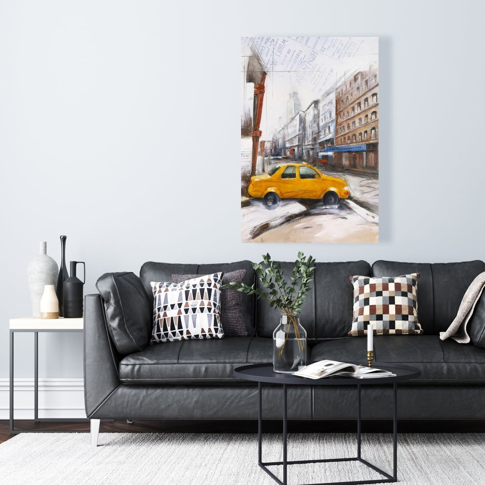 Taxi in the Street Sketch - Industrial Cities Brown Canvas Decor