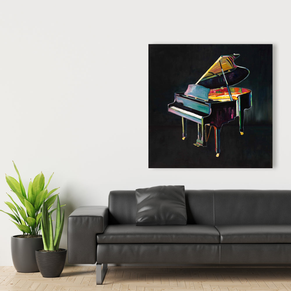 Toile musicale grise – Piano réaliste et coloré pour décoration d'intérieur