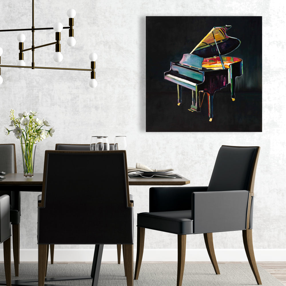 Toile musicale grise – Piano réaliste et coloré pour décoration d'intérieur