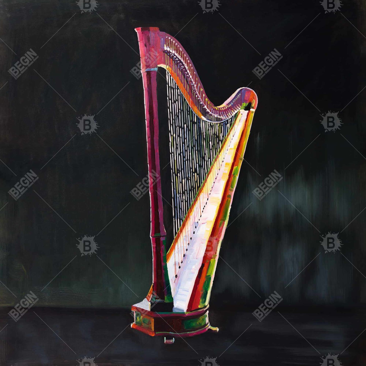 Harpe colorée et réaliste | Toile avec cadre noir pour décoration de chambre
