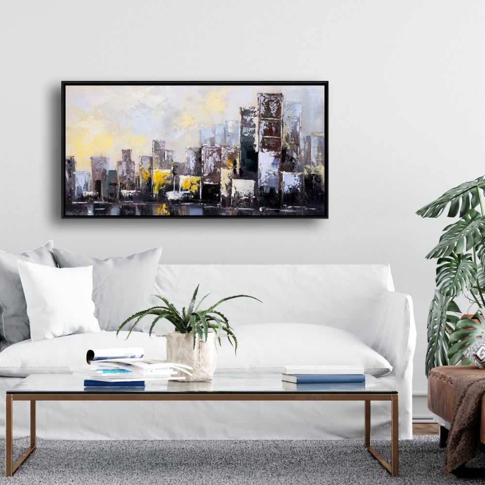 Toile de chambre à coucher avec un bâtiment jaune | Ville abstraite au matin