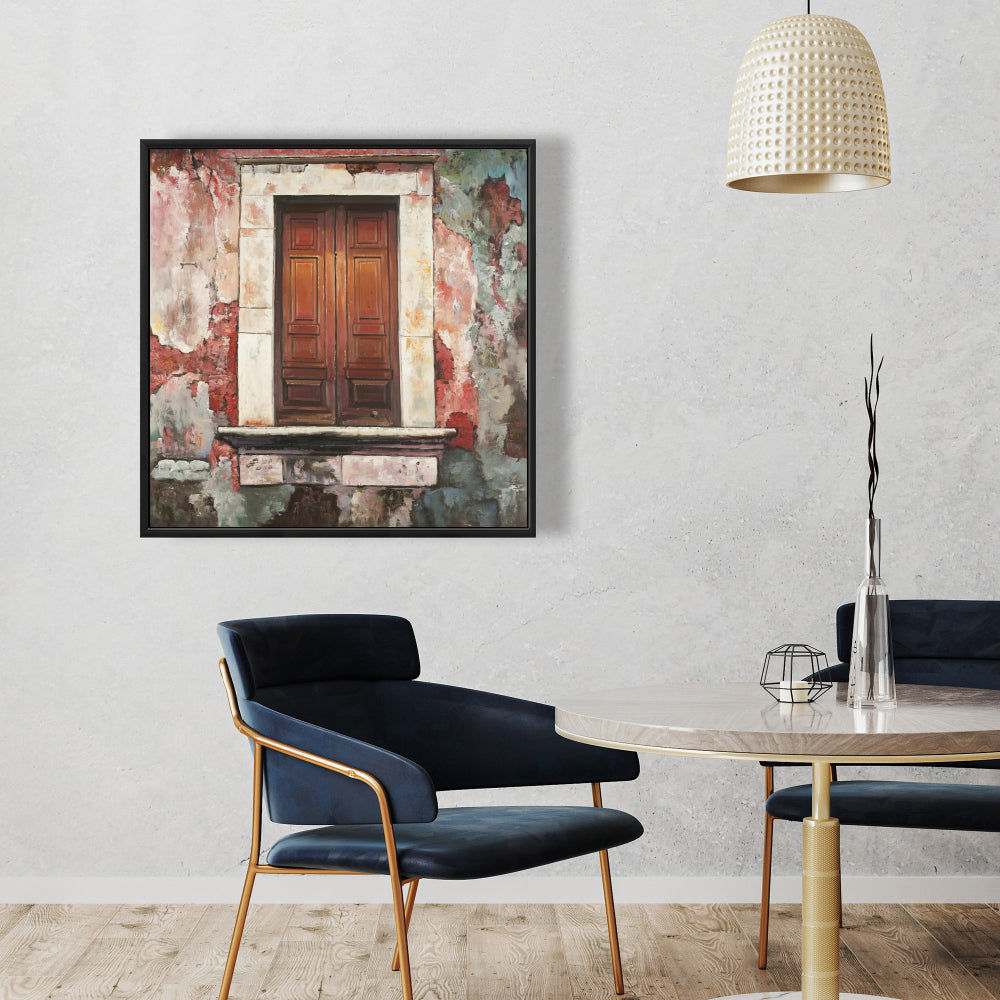 Toile « Porte d'un vieux bâtiment rouge » | Décoration murale encadrée marron