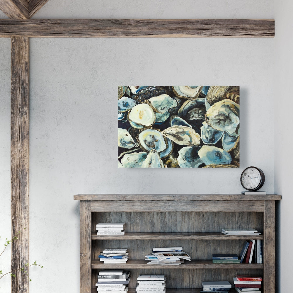 Marine Blue Oyster Shells Canvas | Coastal Home Decor Art