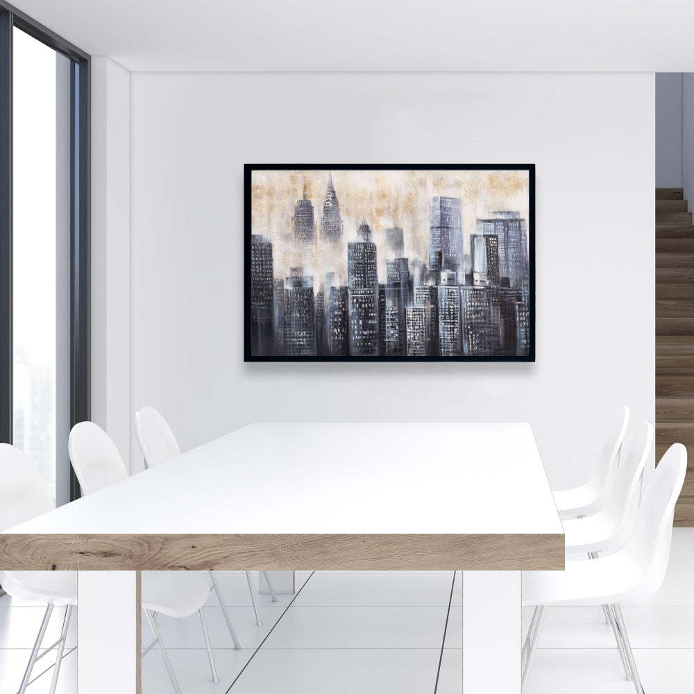 Gray Contemporary Framed Canvas - Buildings Through the Clouds