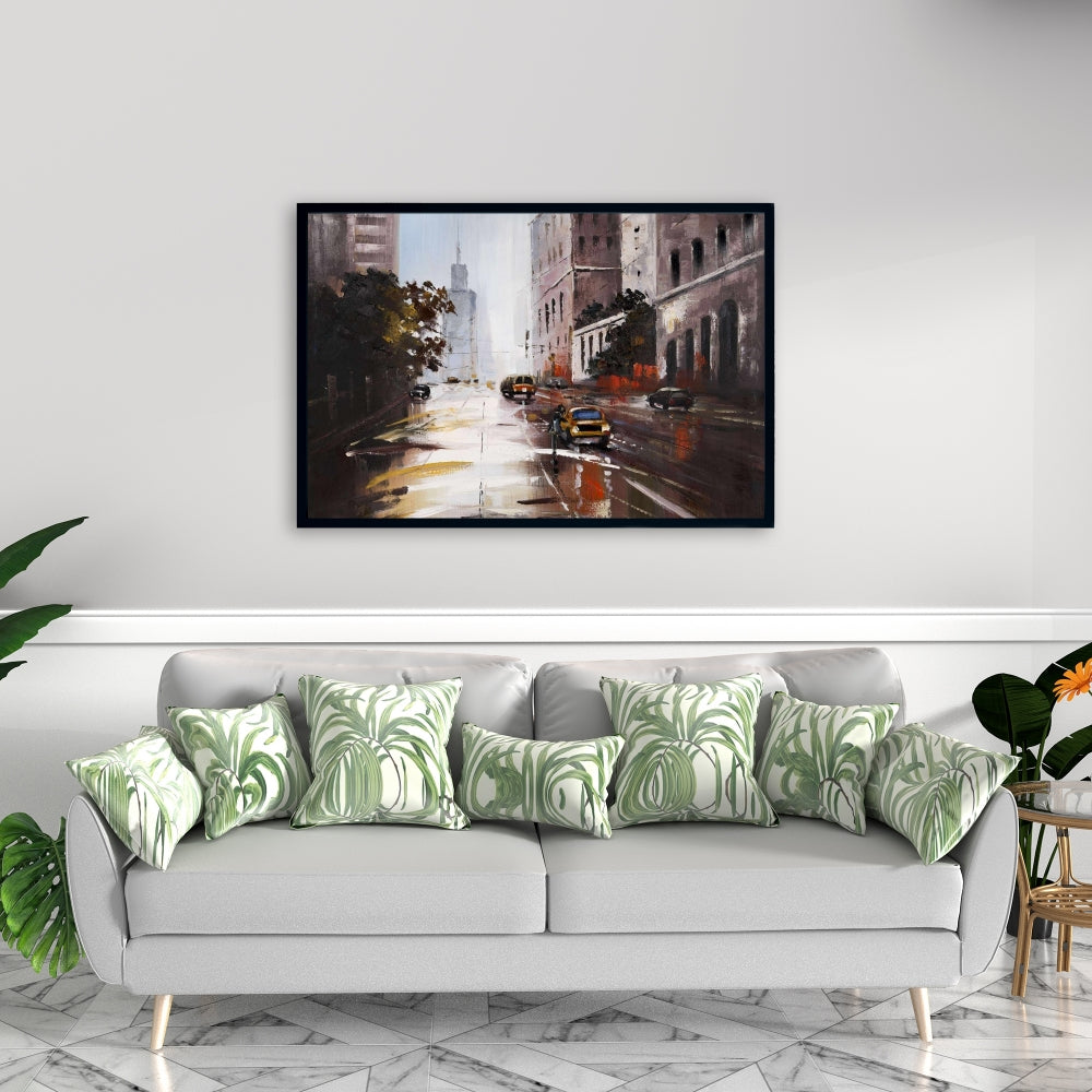 Toile « Scène de rue matinale » | Cadre marron | Décoration contemporaine