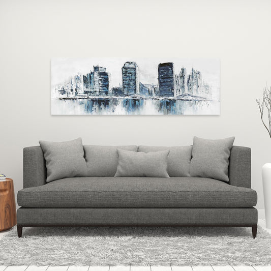 Toile texturée bleu paysage urbain – Décoration murale moderne pour chambre à coucher