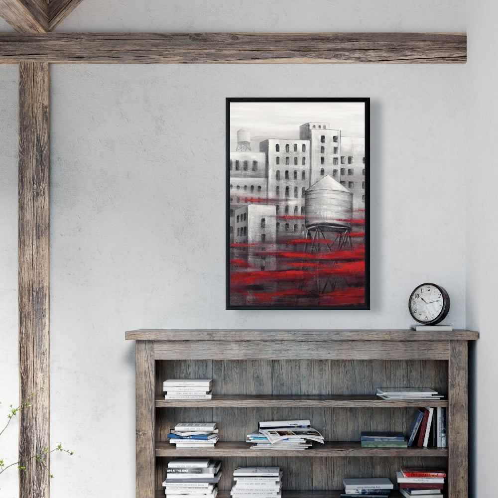 Gray City with Red Clouds Framed Canvas | Bedroom Wall Art