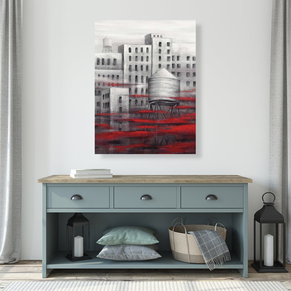 Gray City with Red Clouds Canvas | Contemporary Home Decor