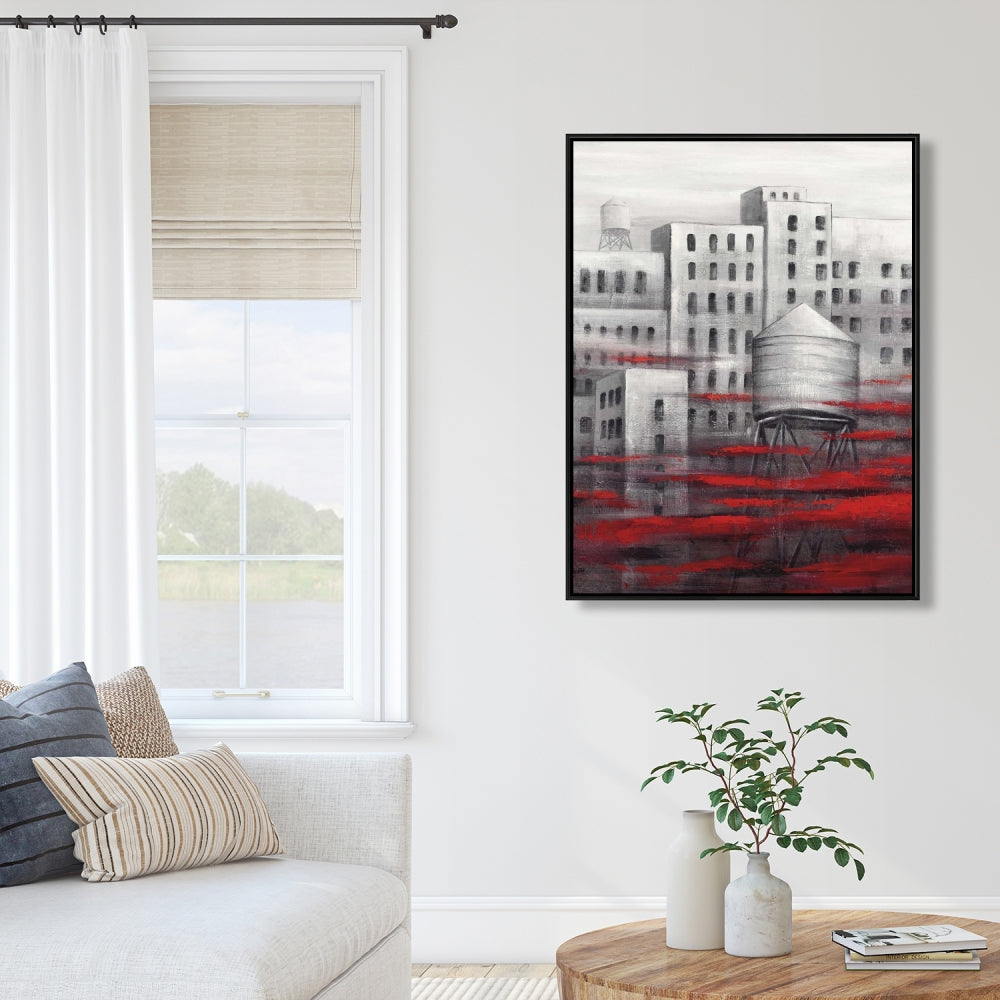 Gray City with Red Clouds Framed Canvas | Bedroom Wall Art