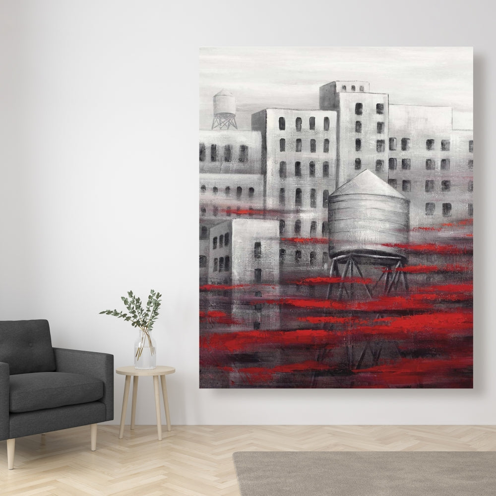 Gray City with Red Clouds Canvas | Contemporary Home Decor