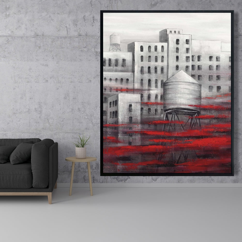 Gray City with Red Clouds Framed Canvas | Bedroom Wall Art