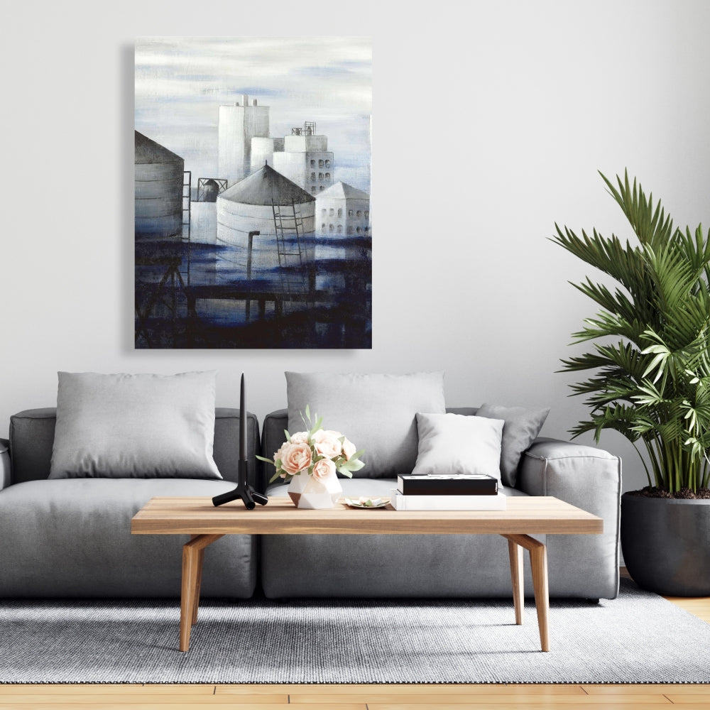 Gray City with Blue Clouds Canvas | Modern Bedroom Wall Art