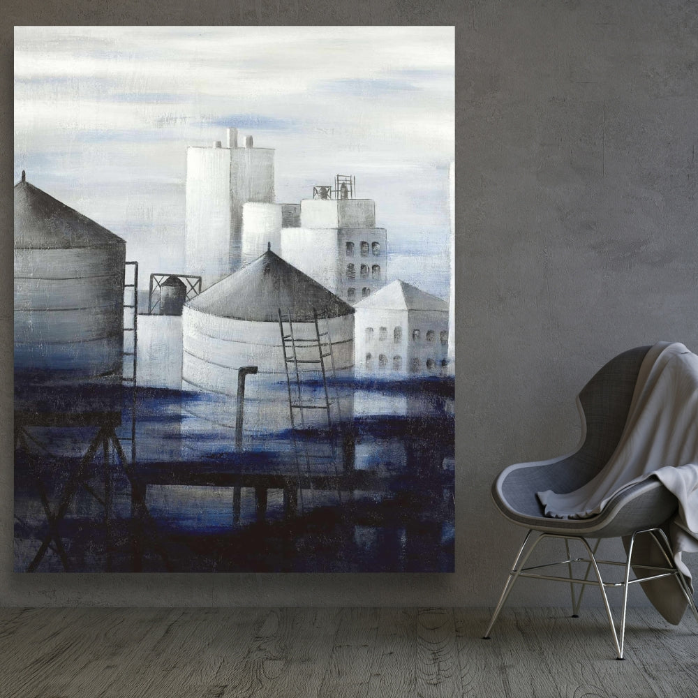 Gray City with Blue Clouds Canvas | Modern Bedroom Wall Art