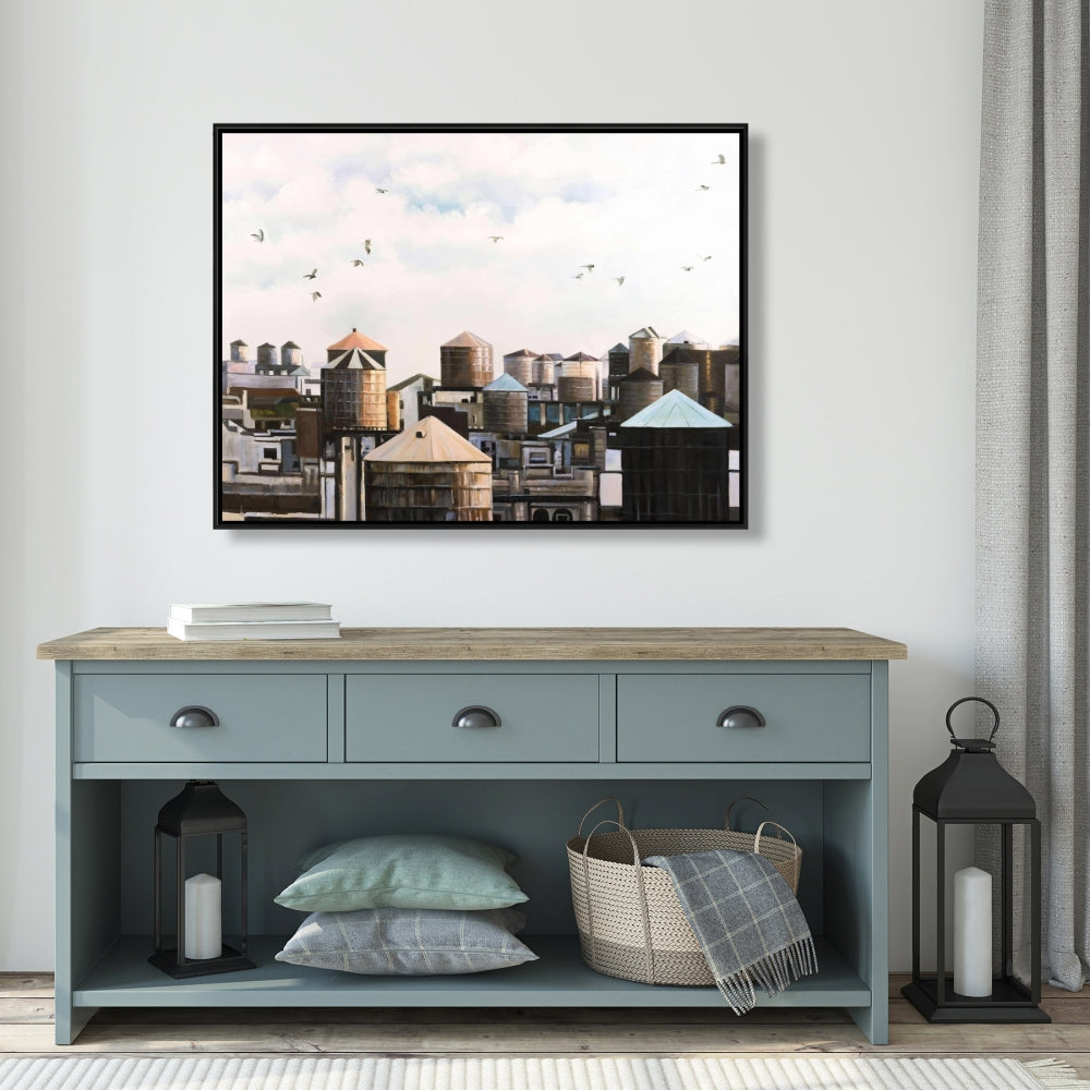 Toile encadrée bleue – Châteaux d'eau et oiseaux | Décoration d'intérieur