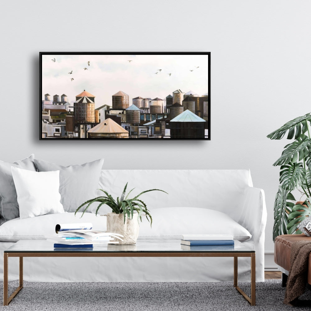 Blue Framed Canvas - Water Towers with Birds | Home Decor