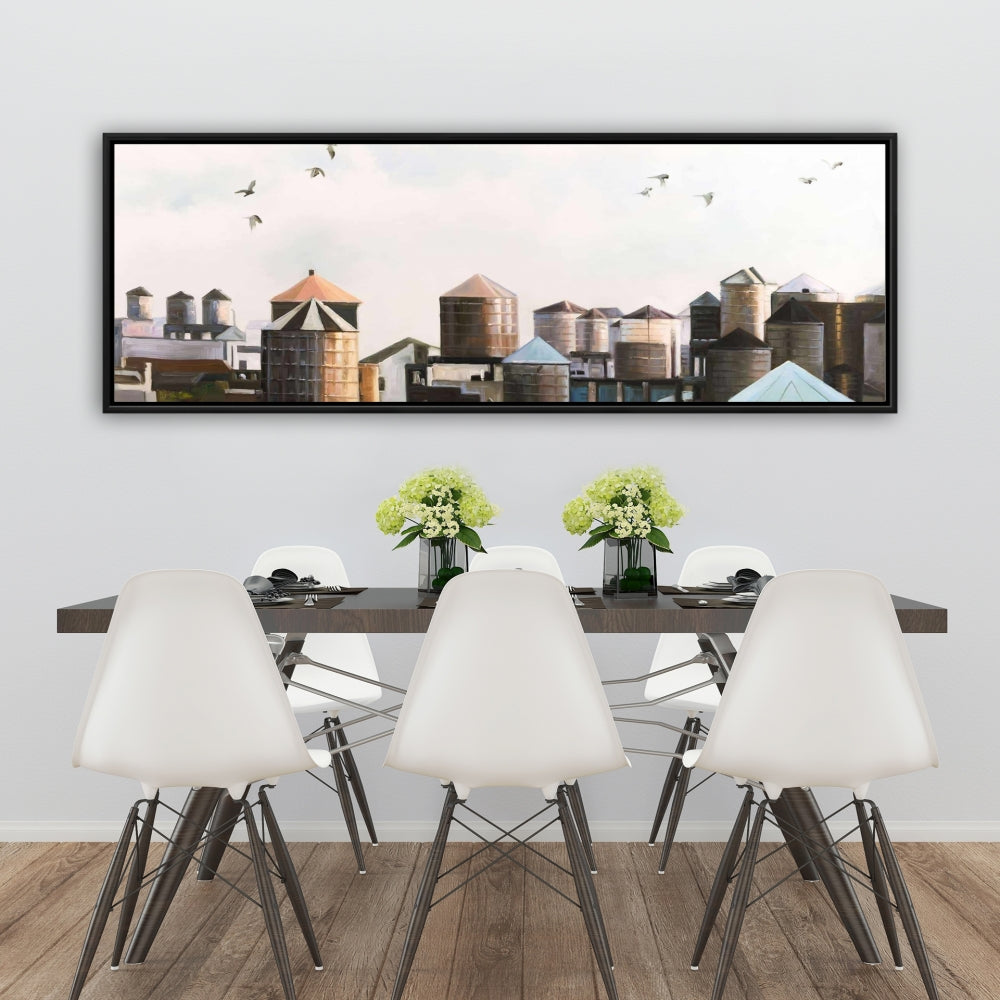Blue Framed Canvas - Water Towers with Birds | Home Decor