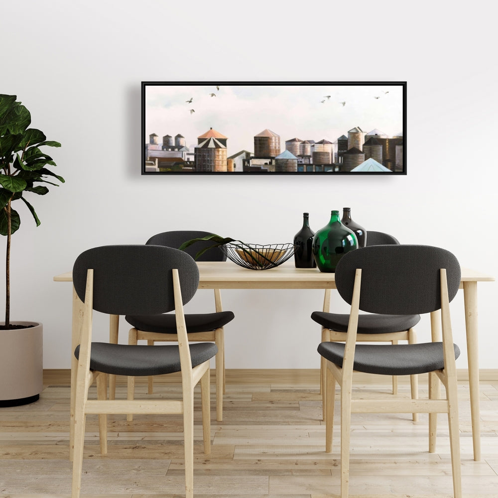 Blue Framed Canvas - Water Towers with Birds | Home Decor