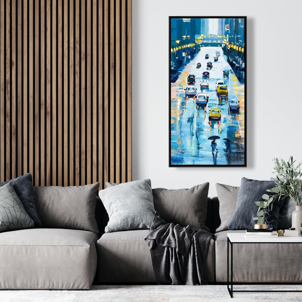 Rainy Streets of New York Canvas | Blue Framed Home Decor