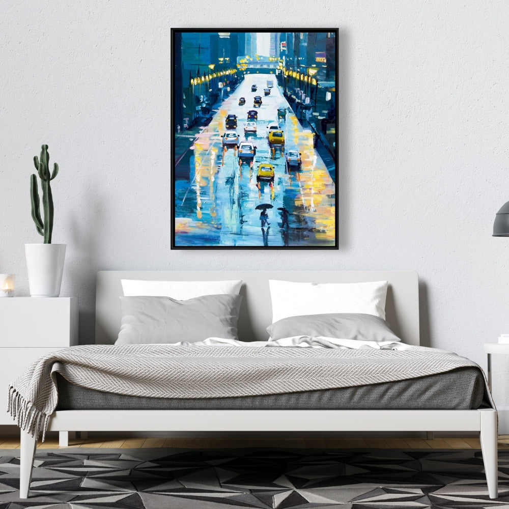 Rainy Streets of New York Canvas | Blue Framed Home Decor
