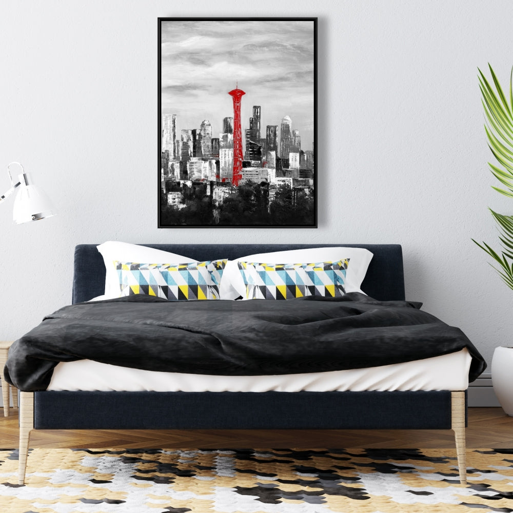 Space Needle in Red Canvas | White Frame | Home Decor Art