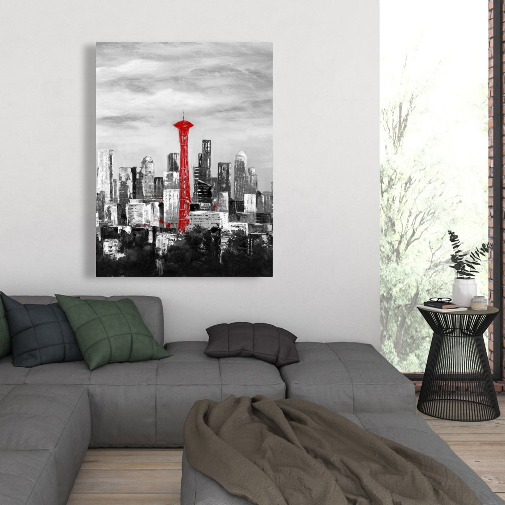 Space Needle in Red Canvas | White Cities Building Decor