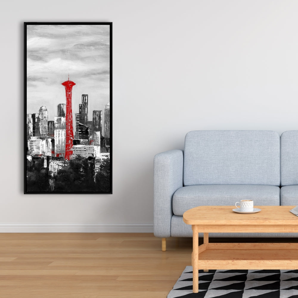 Space Needle in Red Canvas | White Frame | Home Decor Art
