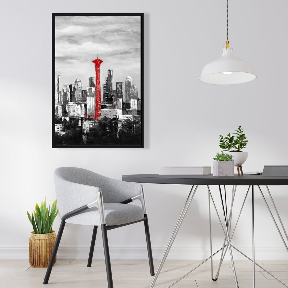 Space Needle in Red Canvas | White Frame | Home Decor Art