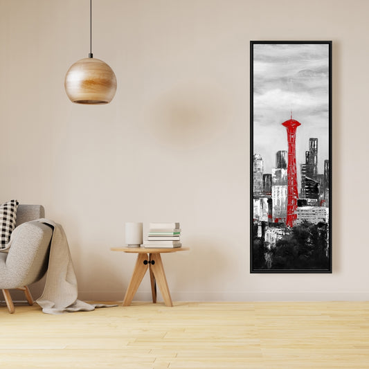 Space Needle sur toile rouge | Cadre blanc | Décoration d'intérieur