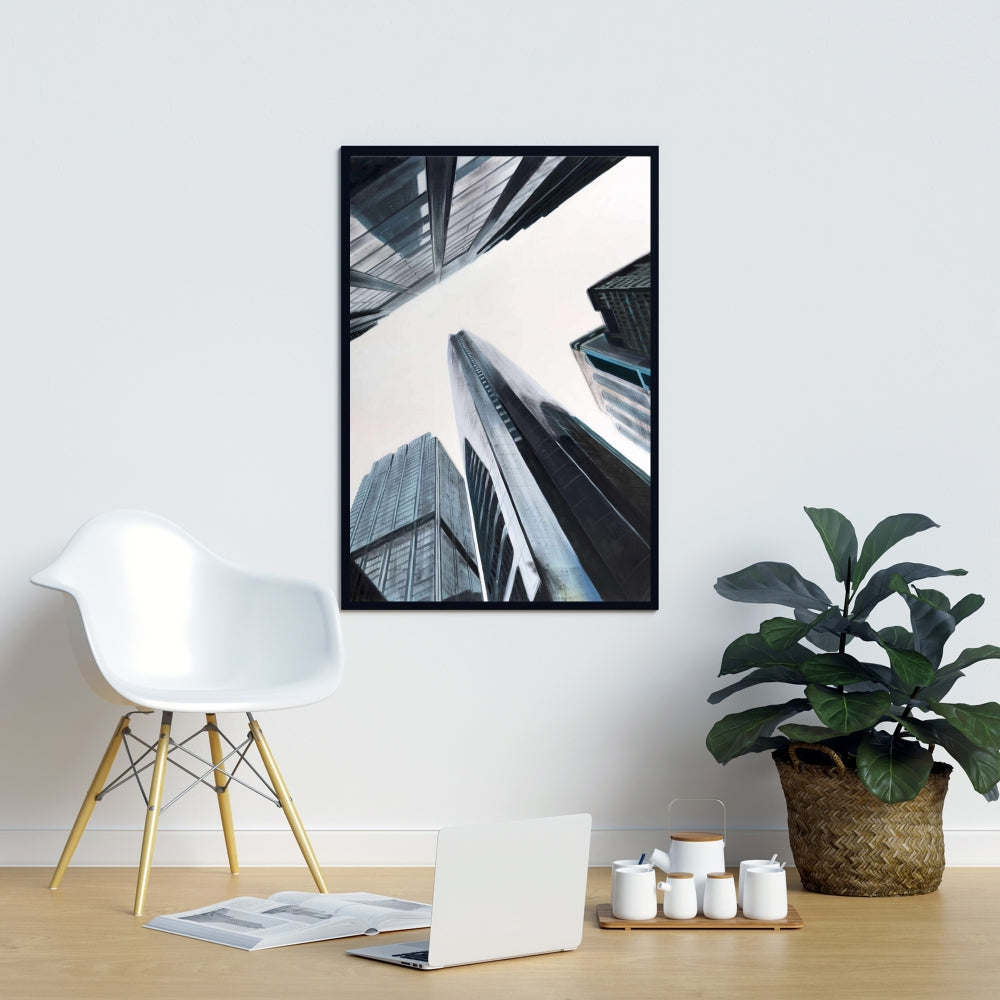 Perspective View of Skyscraper - Blue Cities Framed Canvas