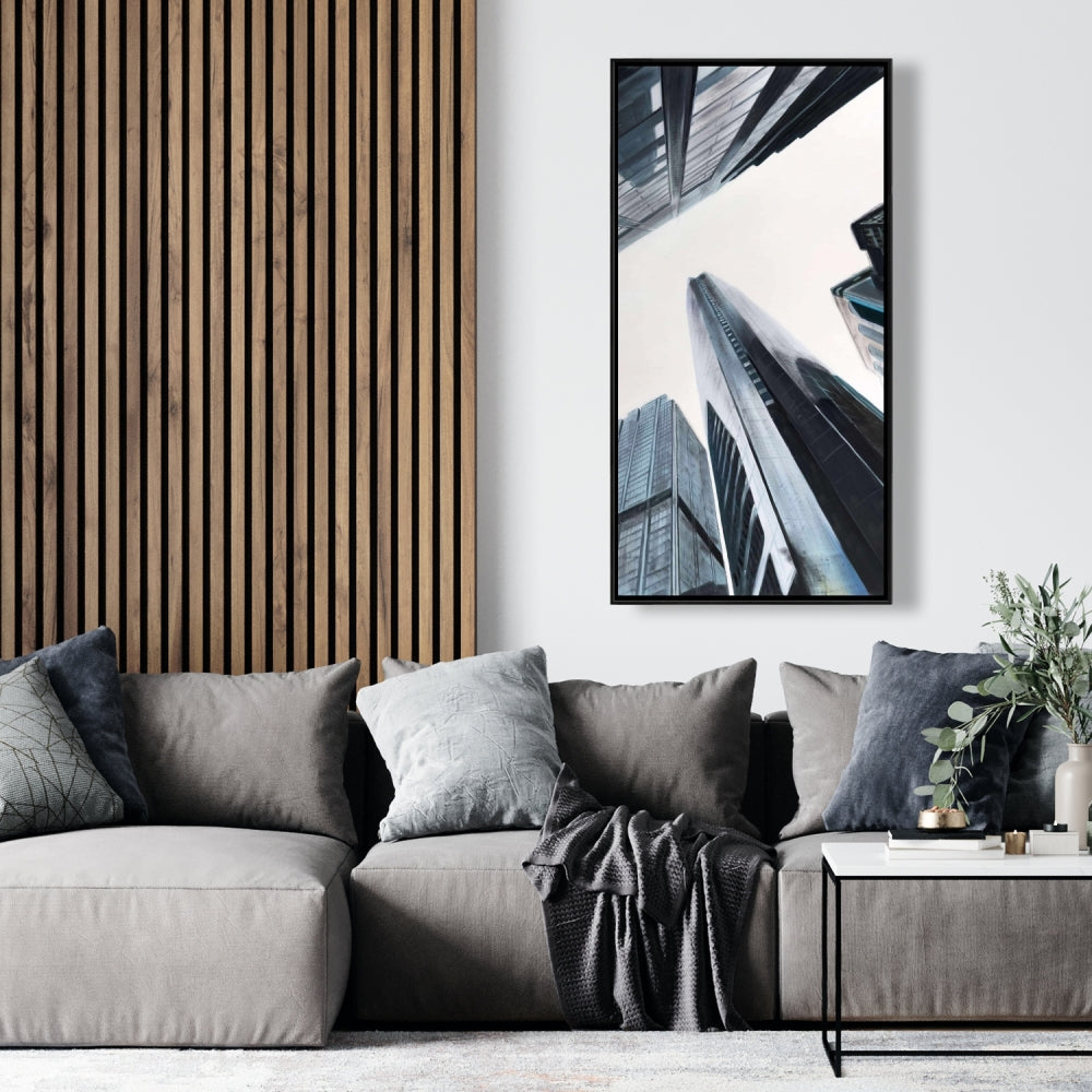 Perspective View of Skyscraper - Blue Cities Framed Canvas