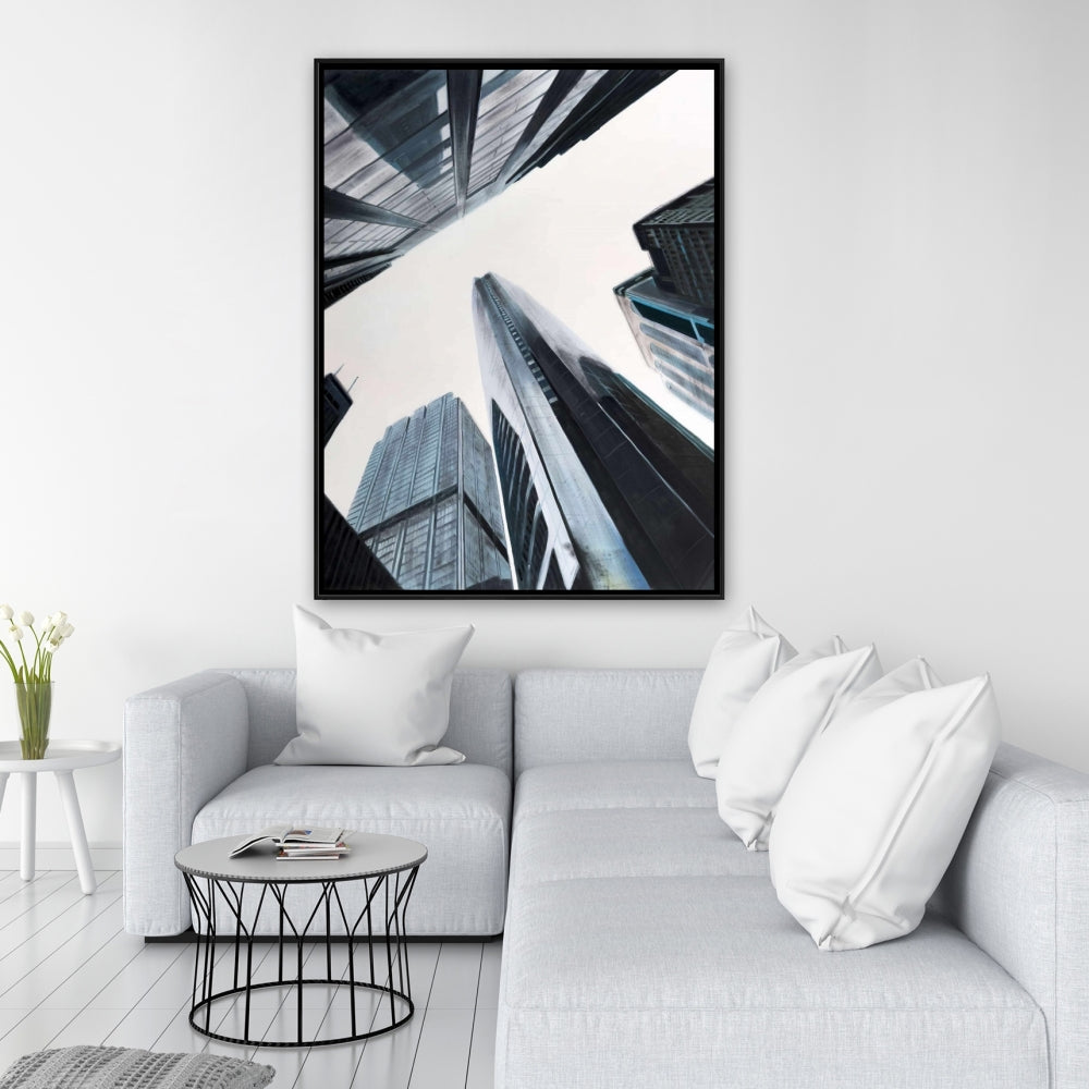 Perspective View of Skyscraper - Blue Cities Framed Canvas