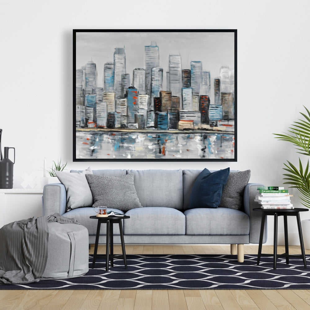 Horizon urbain abstrait | Toile encadrée bleue pour décoration intérieure