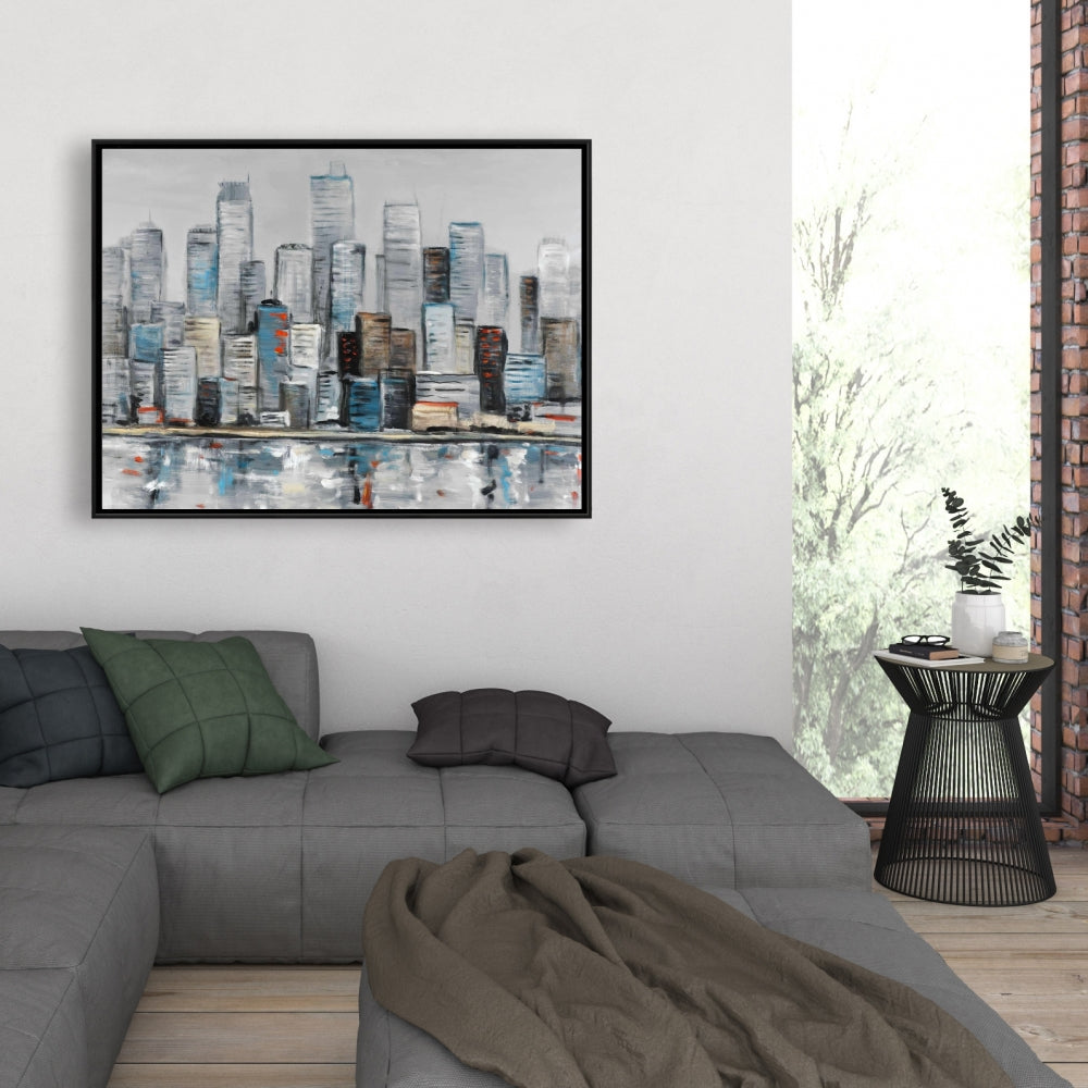 Horizon urbain abstrait | Toile encadrée bleue pour décoration intérieure